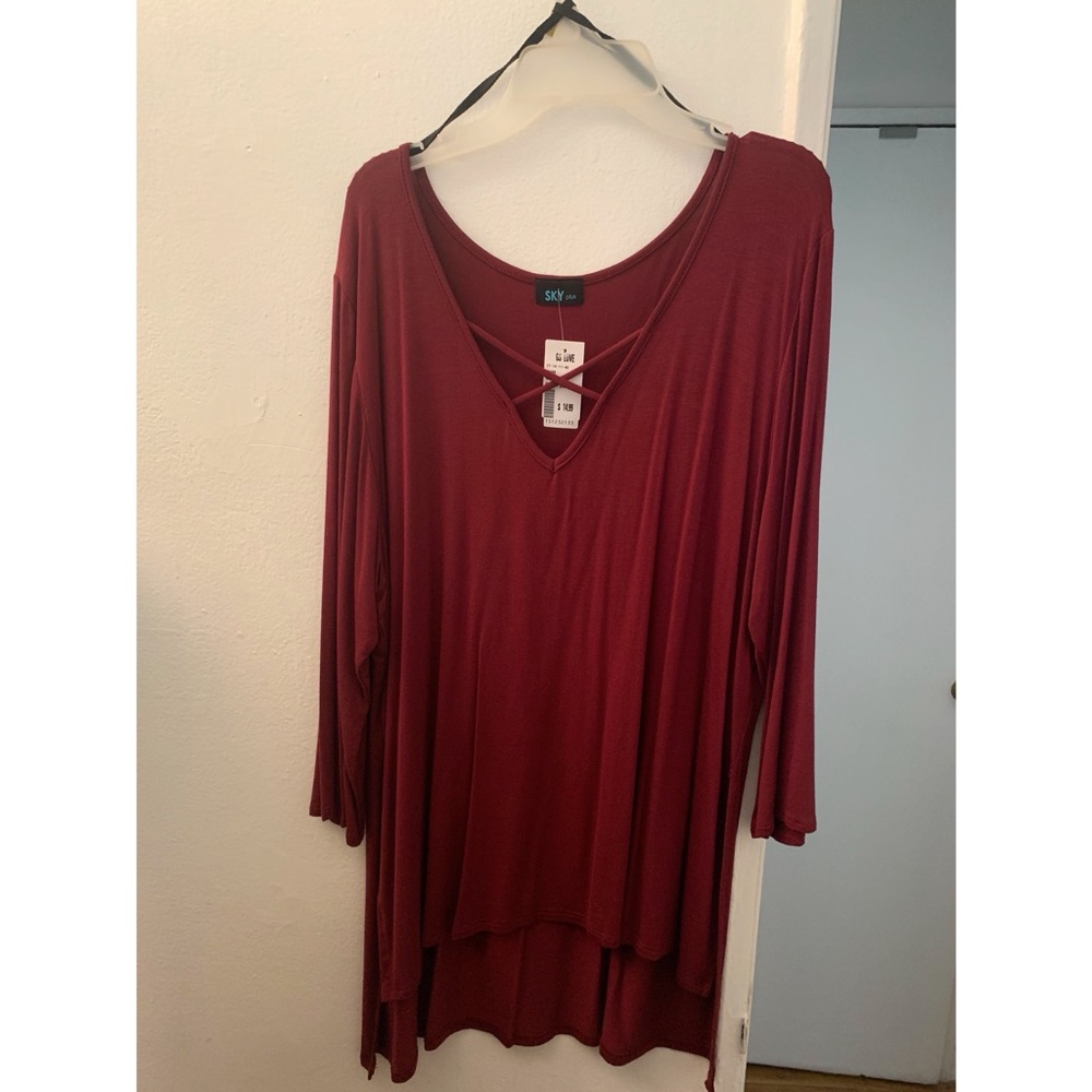 Sky (plus) from GS Love. Strappy scoop neck Slit Top Color: Burgundy